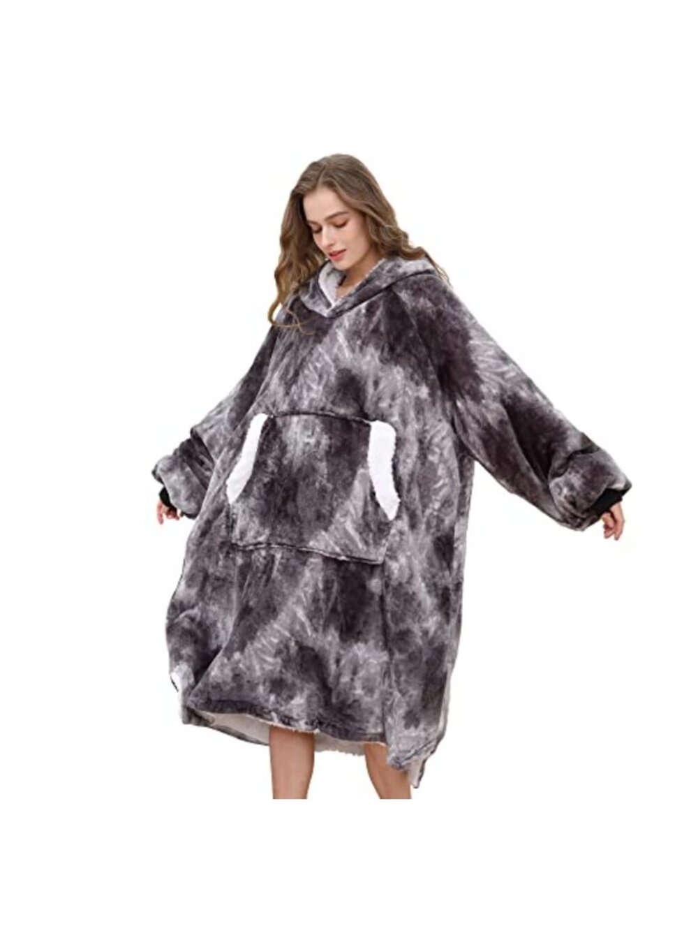 Oversized Sherpa Flannel Wearable Blanket Hoodie Pull-On Long Sleeve